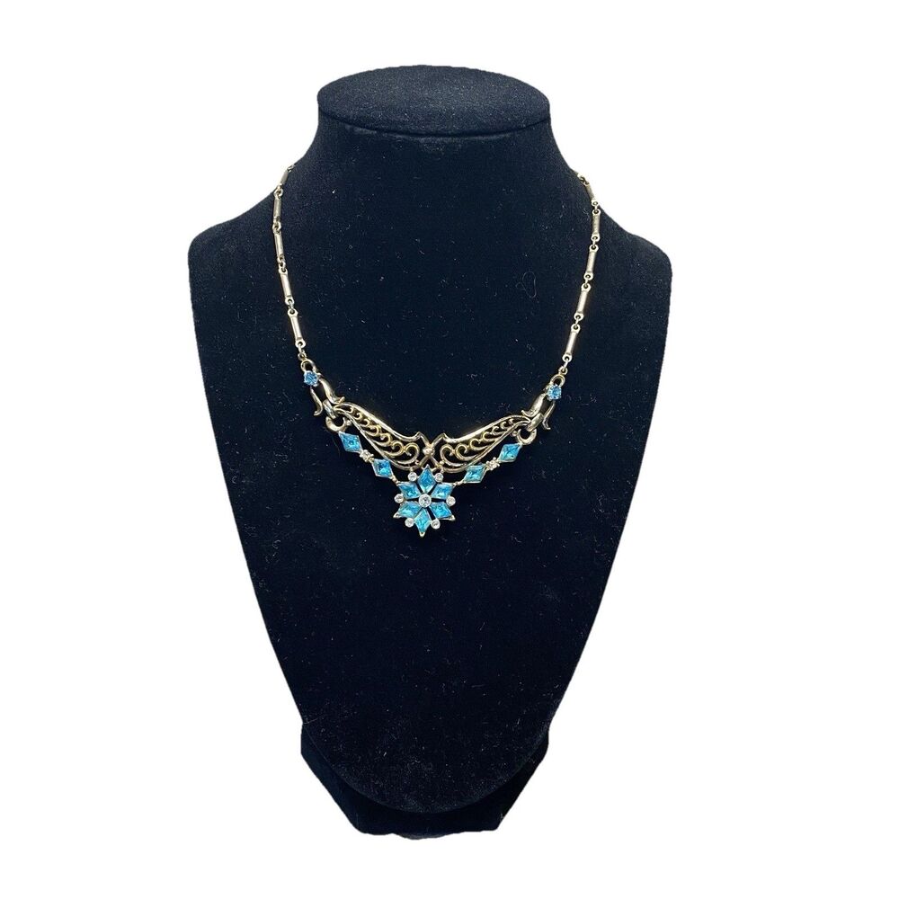 Vintage 16” Signed Gold Toned 1920’s Style Bib Choker with Aqua Blue Stones